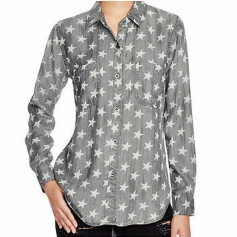 Rails Chambray Star Print Button Front Shirt Blouse Women's Small Grey White